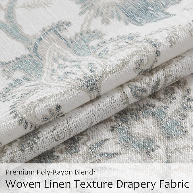 Kayne Studio Pinch Pleated Jacobean Floral Light Filtering Window Curtains Boho Botanical Leaf Printed Vintage Farmhouse Blue Grey Back Tab Window Treatment Set Living Room Bedroom,40"x84",2 Panels