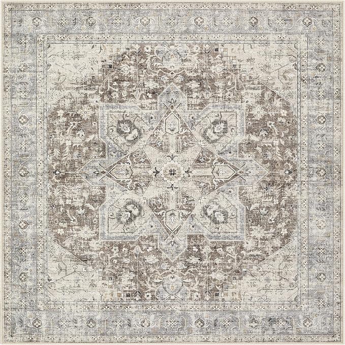 Tortania 6' Square Area Rug Living Room Rugs - Washable Boho Rug Vintage Oriental Distressed Farmhouse Large Thin Indoor Carpet for Bedroom Under Dining Table Home Office - Brown Blue