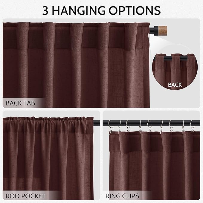 Reddish Brown Linen Curtains 90 Inch Long 2 Panels Set for Bedroom Living Room, Soft Linen Textured Window Drapes Semi Sheer Light Filtering Rod Pocket Back Tab Morden Style 52x90