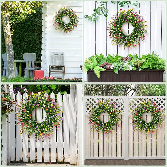 Spring Wreaths for Front Door, 22 Inch Farmhouse Colorful Cottage Wreath, 252 Silk Artificial Carnation Floral with Plastic Greenery Green Leaves Hanging for Porch, Home Summer Decorations