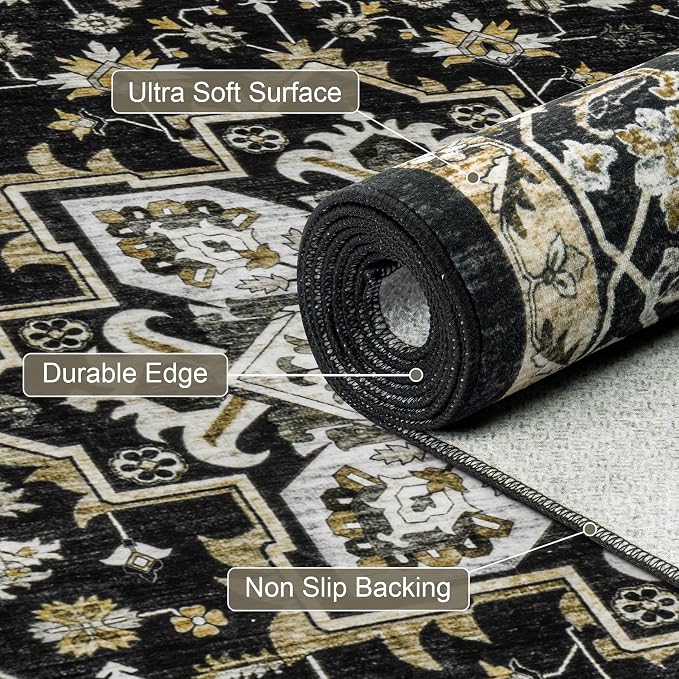 Round Area Rug for Living Room: 8 ft Washable Vintage Boho Soft Thin Circle Rug Indoor Floor No Slip Stain Resistant Carpet for Bedroom Dining Room Farmhouse Nursery Home Office -Black Gold