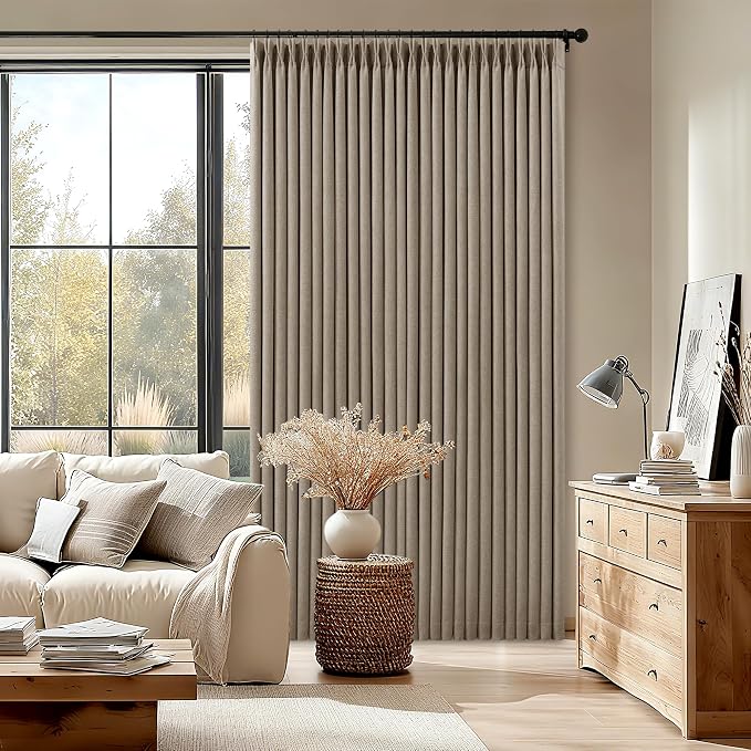 Greige Pleated Blackout Curtains 96 Inches Long 2 Panels for Dining Living Room Darkening Neutral Memory Shape Pinch Pleat Black Out Heavy Duty Thermal Insulated Curtain Drapes with Liner Deep Flax