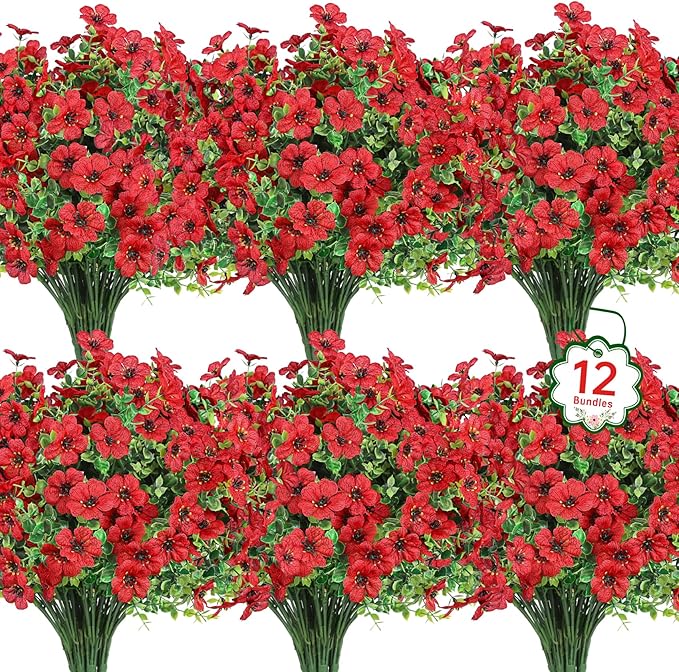 Ouddy Decor 12 Bundles Artificial Flowers for Outdoors Fake Silk Flowers UV Resistant Faux Plastic Plants for Spring Summer Garden Porch Window Box Table Vase Home Indoor Outdoor Decoration, Red