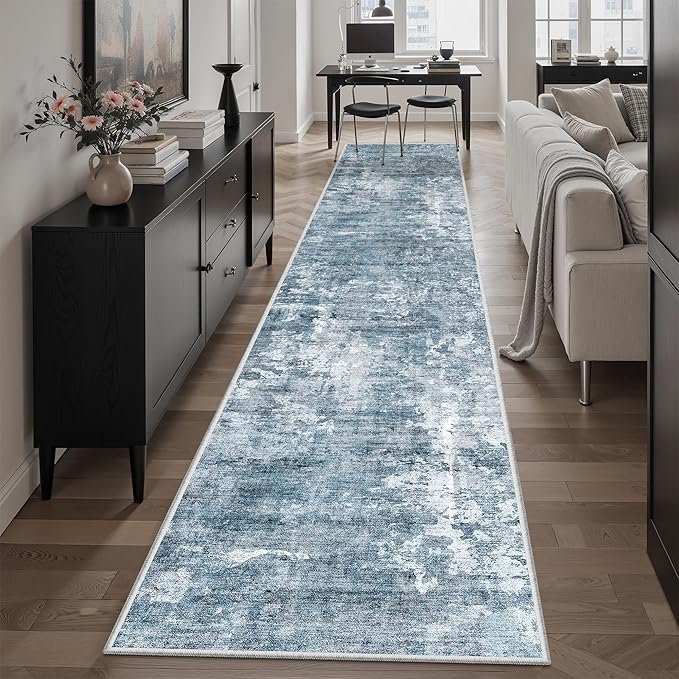 Soalmost Runner Rug 2x12 Washable Non-Slip Hallway Runner Rugs for Kitchen Bathroom Laundry Room Blue/Grey Vintage Floor Carpet Runners for Hallways Entryway