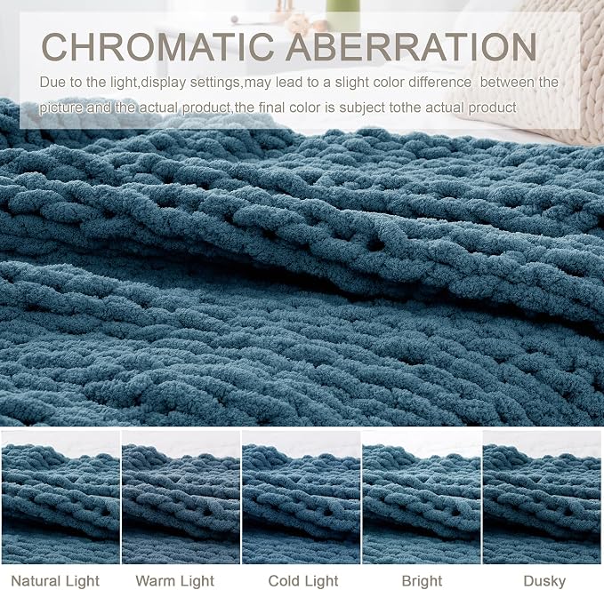 Chunky Knit Throw Blanket 50x60, 100% Handmade Chenille Yarn | 4.4lbs Soft Thick Cable Knitted Blankets, Large Rope Knot Crochet Throws for Couch Sofa Bed Machine Washable, Lyons Blue