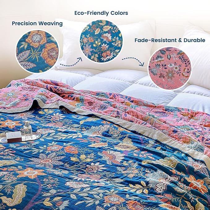MSGKV Boho Throw Blanket for Couch 50"x60" 100% Cotton Floral Blanket Summer Breathable Lightweight Muslin Home Decorative Blankets for Sofa