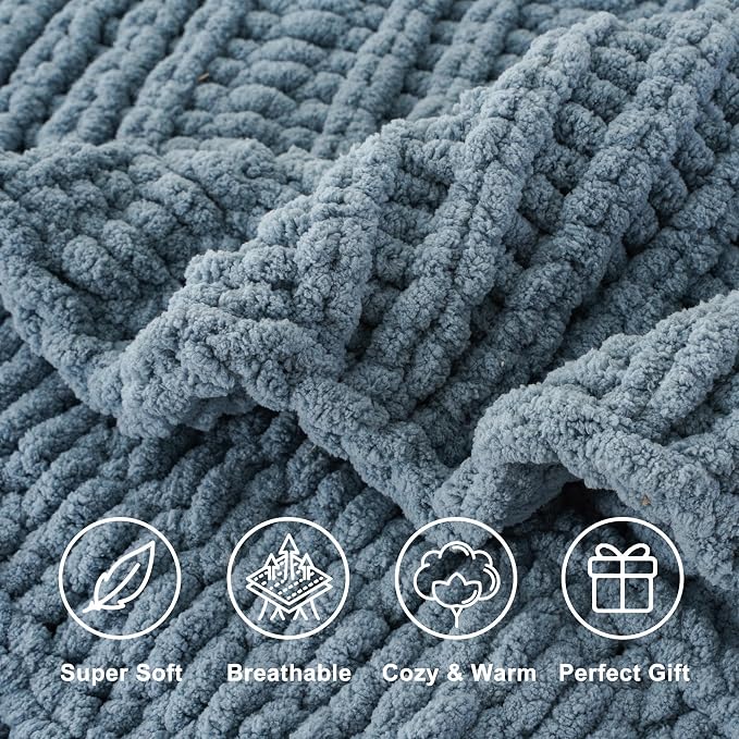 Battilo Chunky Knit Throw Blanket for Couch, 50"x60", Dusty Blue | Hand Knit, Cozy Warm Thick Soft Chenille Throw Blanket for Bed, Sofa, Living Room
