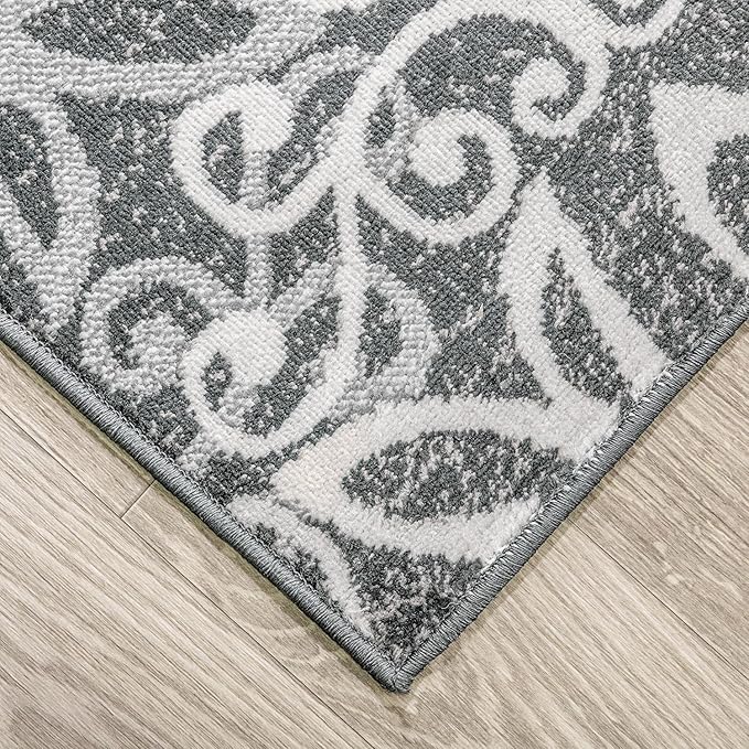 Superior Indoor Runner Rug, Jute Backed, Perfect for Entryway, Office, Living/Dining Room, Bedroom, Kitchen, Hardwood Floor, Floral Scroll Decor, Leigh Collection, 2' 7" x 8', Slate
