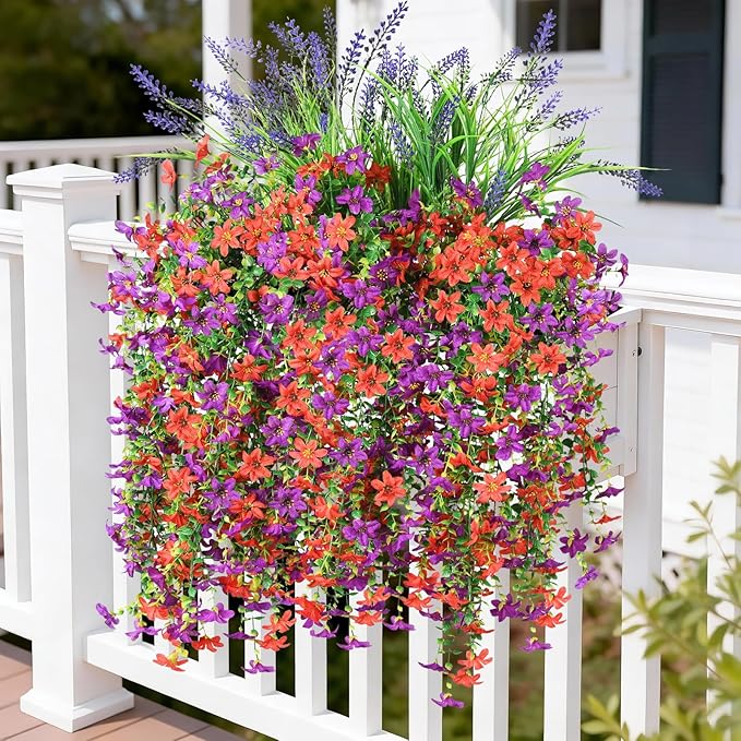 Artificial Fake Flowers Plants for Outdoor Decoration,3 Pcs Faux Hanging Flowers with Lavender Spring Summer Decor,UV Resistant Realistic Fake Silk Flowers for Planter Balcony Yard Porch Garden Decor