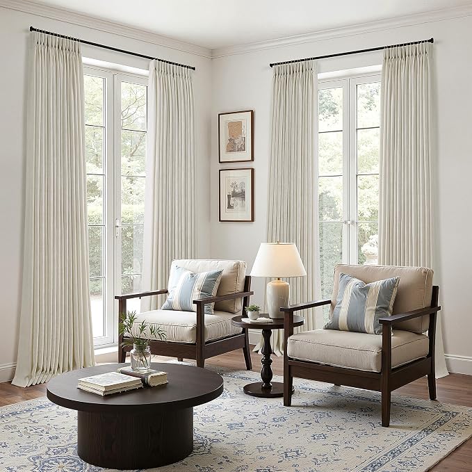 Beige Pinch Pleated Curtains 96 Inches Long for Living Room 2 Panels Set Light Filtering Textured Linen Pinch Pleat Curtains 96 Inch Length Neutral Rustic Farmhouse Modern Window Curtain Drapes