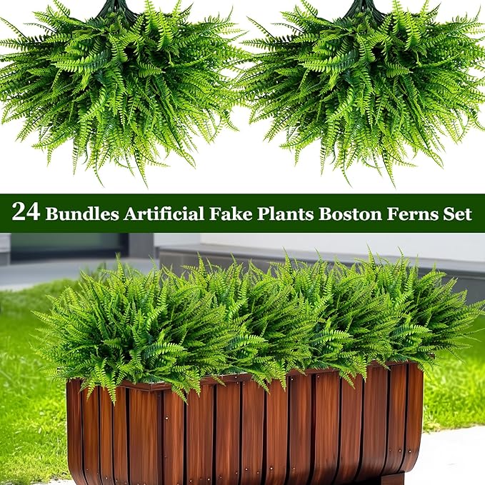 Nigirior 24 Bundles Artificial Fake Plants for Outdoor Faux Boston Fern for Home Decor UV Resistant Fake Plants Greenery for Front Porch Planter Indoor or Outdoor (Green)
