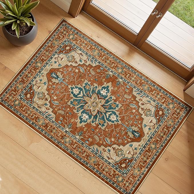 RELEANY Area Rugs 2'x3' Kitchen Rugs Entry Rug Small Rugs for Entryway Kitchen Bathroom Door Mat Indoor Entrance,Washable Non Slip, Red Orange Blue Brown