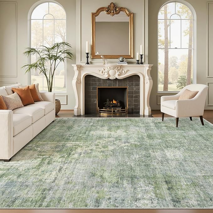 Soalmost 9x12 Area Rugs for Living Room, Non-Slip Machine Washable Vintage Rugs, Abstract Low Pile Lightweight Large Rug for Bedroom, Dining Room, Home Office Green Ivory