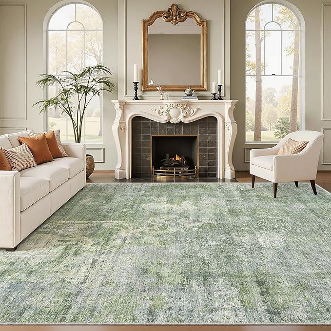 Soalmost Area Rug 10x12 Vintage Washable Living Room Large Carpet Non Slip Bedroom Indoor Office Dining Room Low Pile Thin Rug Green/Ivory