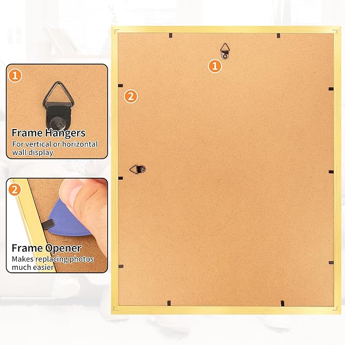 Picture Frames, 11x14 Picture Frames with Mat, 2 Pack Wall Hanging Photo Frame for Office Home Wall Decor, Gold Frames with Clear Plexiglass for Posters, Photos & Art Prints
