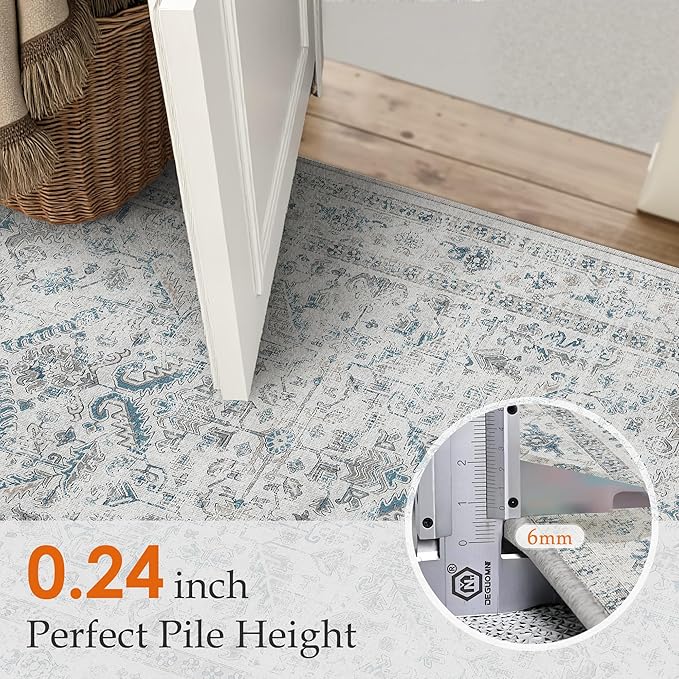 PureCozy Blue 5x7 Area Rug Vintage Washable Living Room Carpet Non Slip Bedroom Indoor Office Low Pile Traditional Distressed Retro Accent Rug for Dining Room Bathroom Kitchen