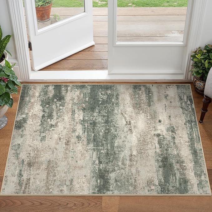 BEIMO 2x3 Rugs for Entryway Entrance Kitchen Bathroom, Machine Washable Modern Abstract Soft Area Rug, Indoor Floor Carpet with Non Slip Rubber Backing, Grey/Dark Green