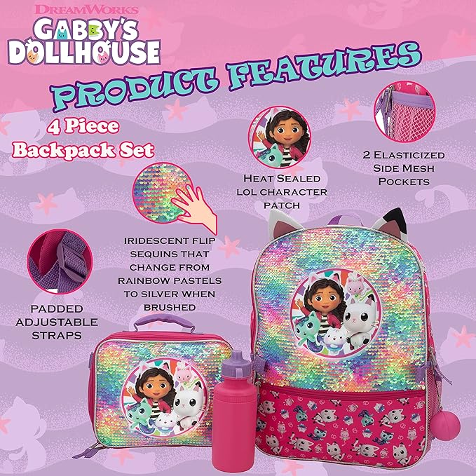AI ACCESSORY INNOVATIONS Gabby’s Doll House 4 Piece Backpack Set, Flip Sequin 16" School Bag for Girls with Front Zip Pocket, Pink