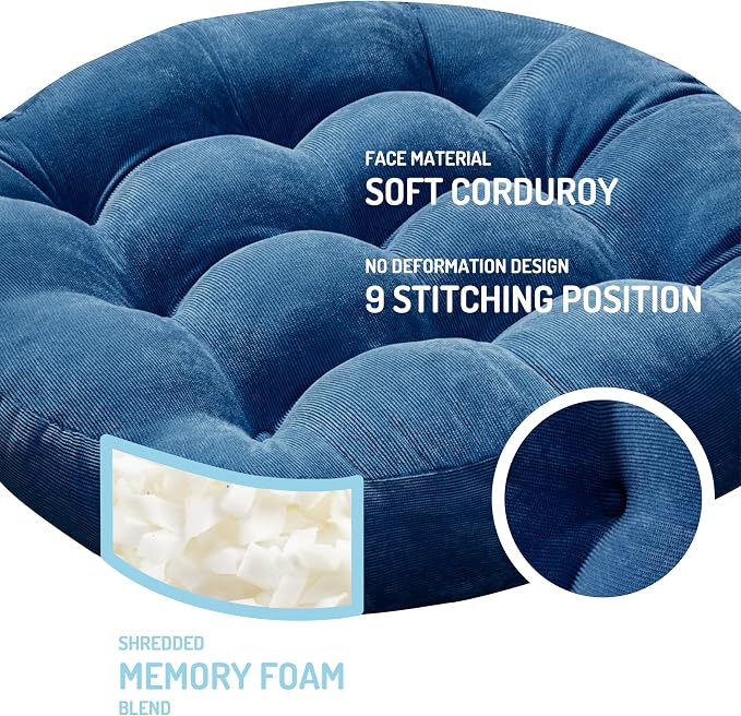 Degrees of Comfort Floor Cushion 6 Pack for Meditation, Home Office & Dorm – Corduroy Soft Seating Set, 22 Inch, High-Density Foam, Round Shape, Navy