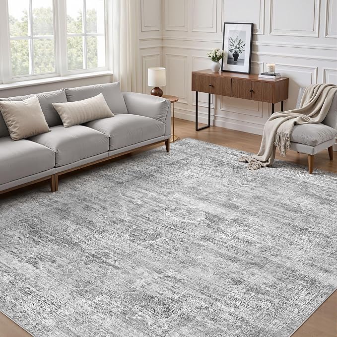 Grey Rug 7x9 Area Rug: Washable Boho Large Vintage Neutral Soft Rugs Stain Resistant Farmhouse Non-Slip Indoor Floor Carpet for Living Room Bedroom Playroom Office Dining Room Apartment Dorm