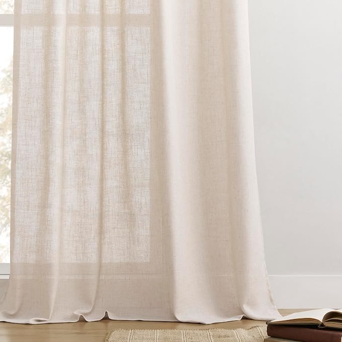 Joydeco Linen Curtains for Living Room,Semi Sheer Drapes Window Long Curtains 96 inches Long Pink Beige