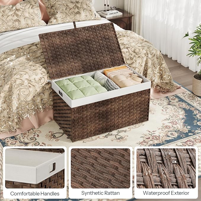 HOOBRO Storage Basket with Lid, 42.3 Gallon (160L) Wicker Basket, Handwoven Blanket Storage Basket with Handles, Metal Frame and Soft Lining, Foldable for Bedroom, Laundry Room, Brown BR216CW01