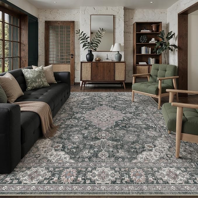 HUGEAR Retro Black Area Rug 6x9 Machine Washable Living Room Rugs Distressed Vintage Floral Low Pile Carpet Bedroom Office Dining Room Laundry Room Non Slip Soft Lightweight