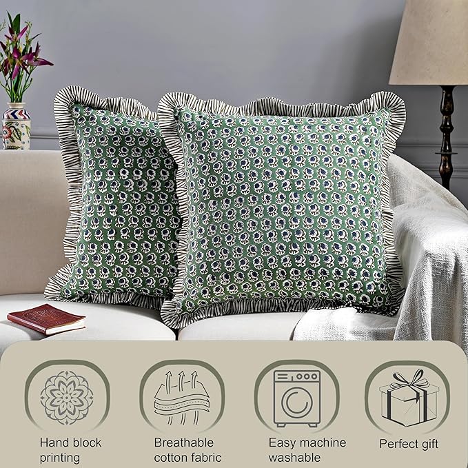 Ridhi Block Print Basil Green Throw Pillow Cover 16" x 16" (Pack of 2) Decorative Cushion Covers with Ruffle for Couch, Sofa, Bed, Living Room, Home Decor Gift for Spring, Easter, Valentine