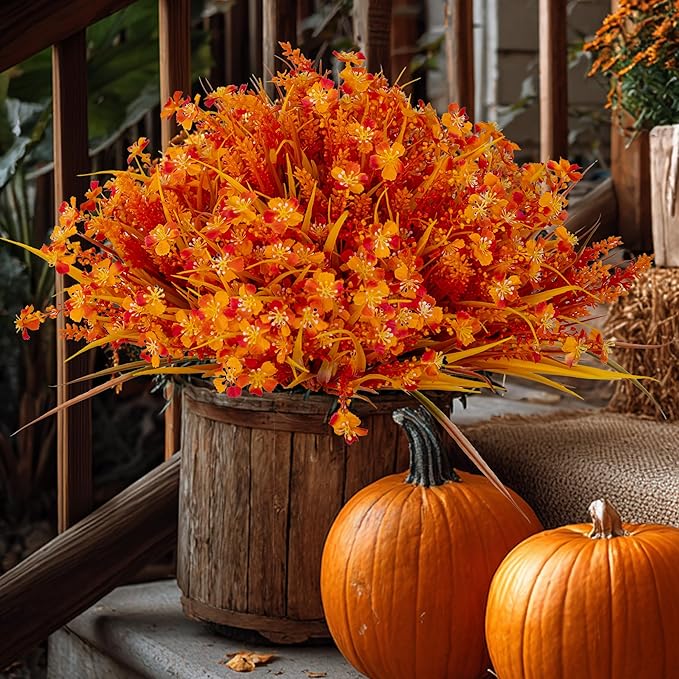 AXYLEX Artificial Fall Flowers Outdoor Fake Mums - 16 Bundles Fake Plants UV Resistant No Fade Faux Plastic Greenery Garden Porch Patio Fall Home Decor (1, OrangeYellow)
