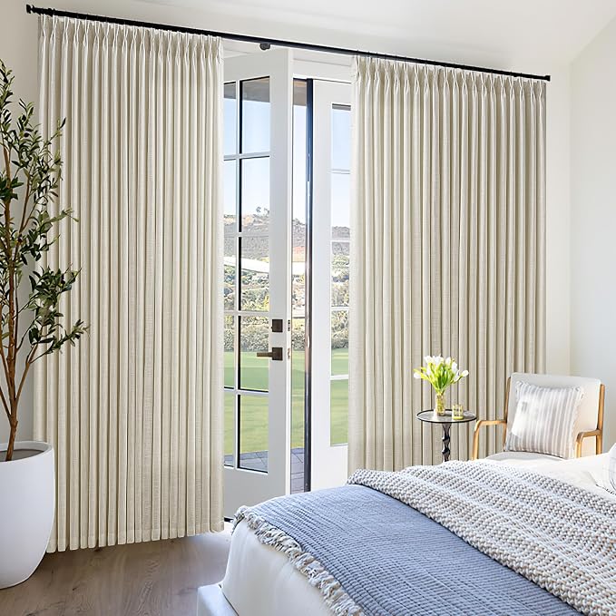 Extra Wide 70 Inch Width Pinch Pleated Curtains 96 Inch Length for Living Room Thick Beige Linen Boho Curtain Memory Shape Light Filtering Privacy for Bedroom Large Windows Hooks Rings 1 Panel 70x96