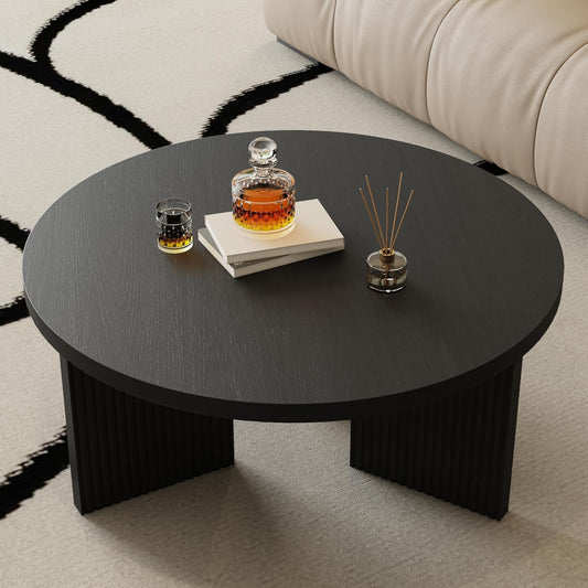 Wooden Round Coffee Table, 35" Coffee Table with Smooth Thick Mesa, Low Circle Center Table with X Shaped Stable Legs, Accent Tea Table for Living Room, Office, Black