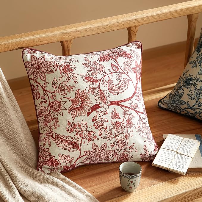 ISAENNE Designer Linen Square Throw Pillow Cover,Set of 2,18"x18"-Ruyi A | Vintage French Elegant Pillow Cover,Concealed Zipper Design,Red Floral Pattern,Sofa,Bedroom,Living Room,Lounge Chairs