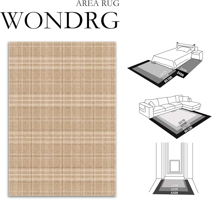 8x10 Brown Area Rug for Living Room Bedroom Machine Washable Low Pile Checkered Carpet Modern Accent Soft Non Slip Rug for Dining Room Nursery Office Indoor