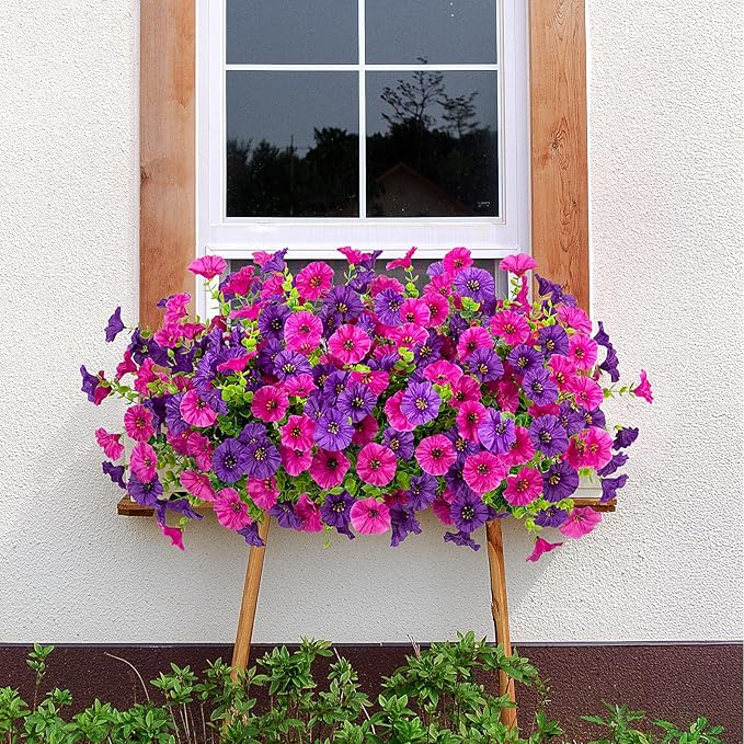 Hrobek Artificial Flowers for Outdoors, 12 Bundles Fake Plastic Flower Plant, UV Resistant Faux Colorful Silk Morning Glory Petunias for Spring Summer Outside Garden Porch Front Door Decor, Purple
