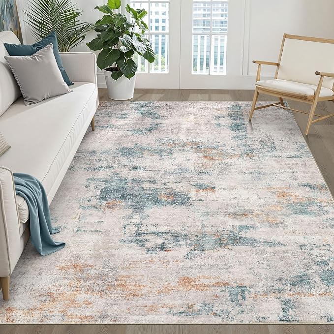 6x8 Area Rug Living Room: Washable Large Neutral Aqua Brown Rugs Abstract Soft Modern Stain Resistant Indoor Floor Non-Slip Carpet for Bedroom Nursery Kids Office Playroom Dining Room Under Table