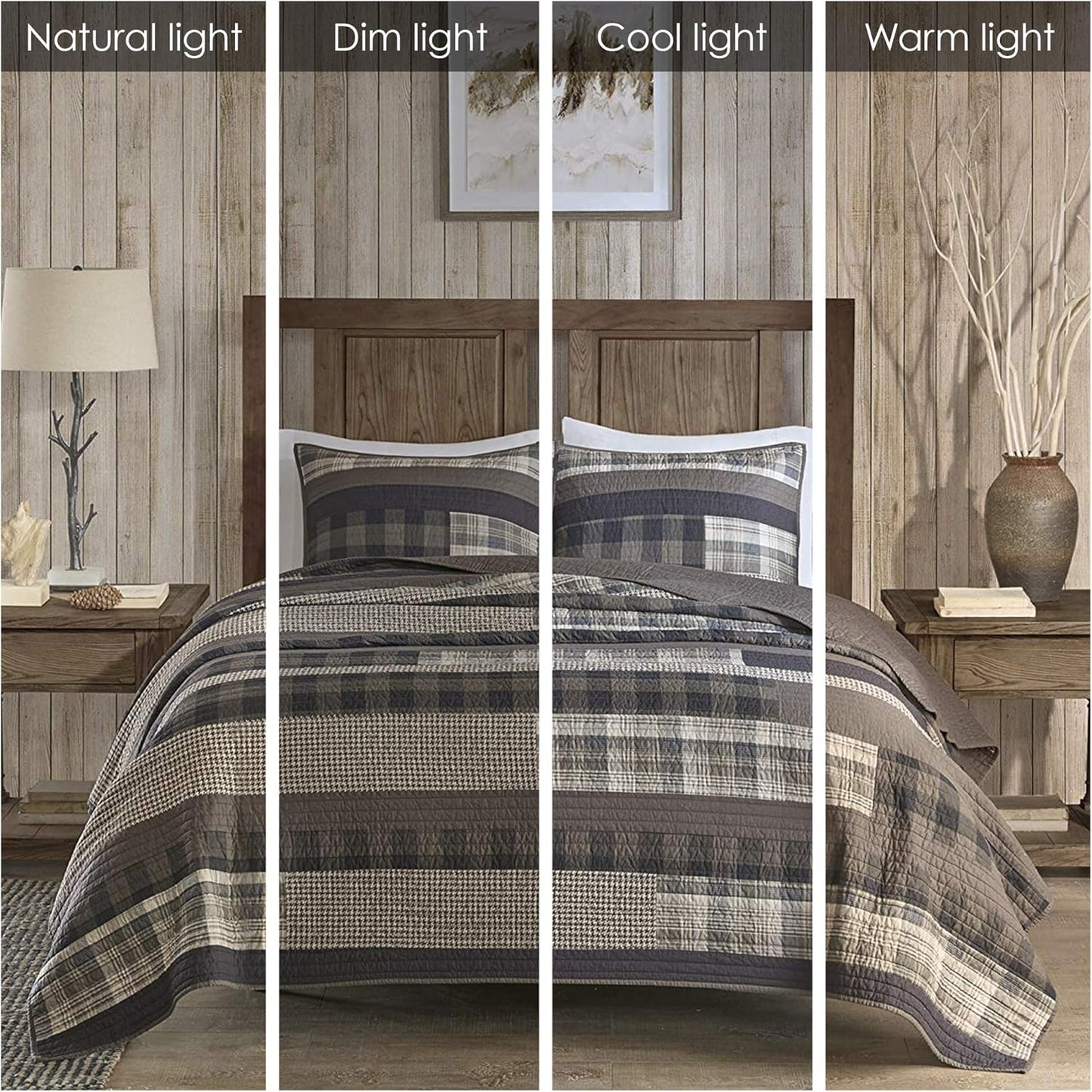 Woolrich Winter Plains Reversible Quilt Set - Cottage Styling Reversed to Solid Color, All Season Lightweight Coverlet, Cozy Bedding Layer, Matching Shams, Oversized Full/Queen, Stripes Taupe 3 Piece