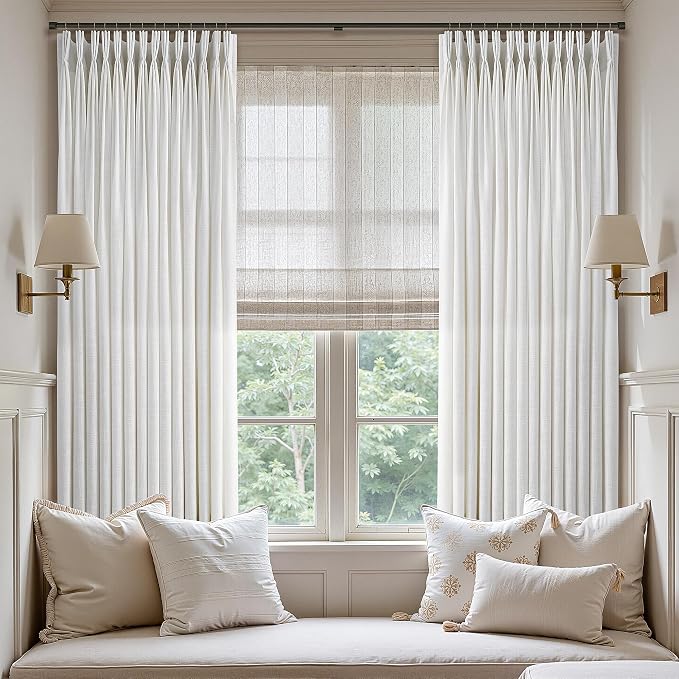 Memory Training Shaped Light Filtering Curtains 63 Inches Long 2 Panels Set for Small Window Dining Room Cream Ivory Birch Boho Farmhouse Pinch Pleated Linen Short Semi Sheer Small Windows 40Wx63L