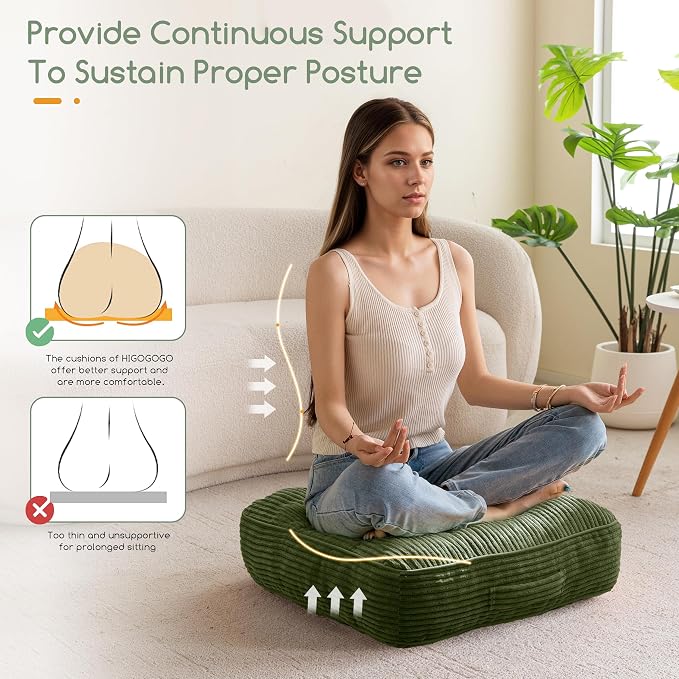 HIGOGOGO 6" Extra Thick Floor Pillow Cushion for Adults, Meditation Cushion Pillow, Large Square Floor Sitting, Tufted Corduroy Cover, for Tatami Living Room or Yoga, 22x22 Inch, Dark Green
