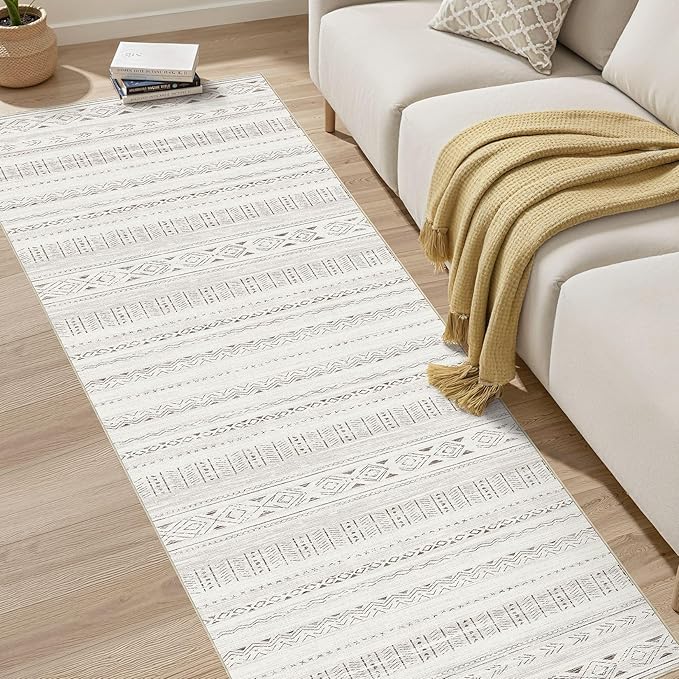 cotiled Hallway 2.6x8 Runner Rugs: Washable Boho Rugs with Non Slip Backing Large Soft Indoor Low Pile Carpet for Living Room Bedroom Farmhouse Dining Room Lightweight Home Decor L Brown/Cream