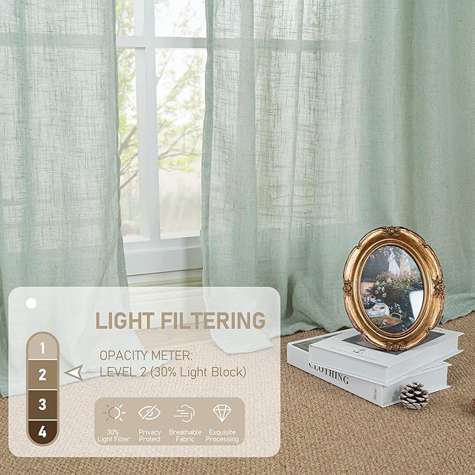 LAMIT Light Sage Linen Curtains 84 inch Length 2 Panels, Light Filtering Semi Sheer Panels Back Tab and Rod Pocket Neutral Drapes for Bedroom/Living Room, 34 x 84 Inch