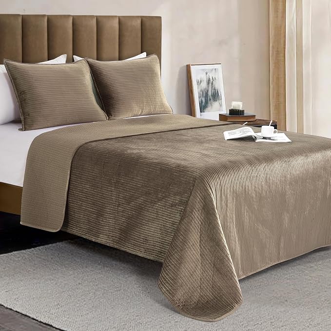 Elegant Comfort Luxury 3-Piece Velvet Corduroy Stripe Quilt Set, Ultra Soft Bedspread - Cozy Velvet Coverlet Set - 3PC Medium Weight Quilted Set with Matching Pillow Shams, King, Khaki