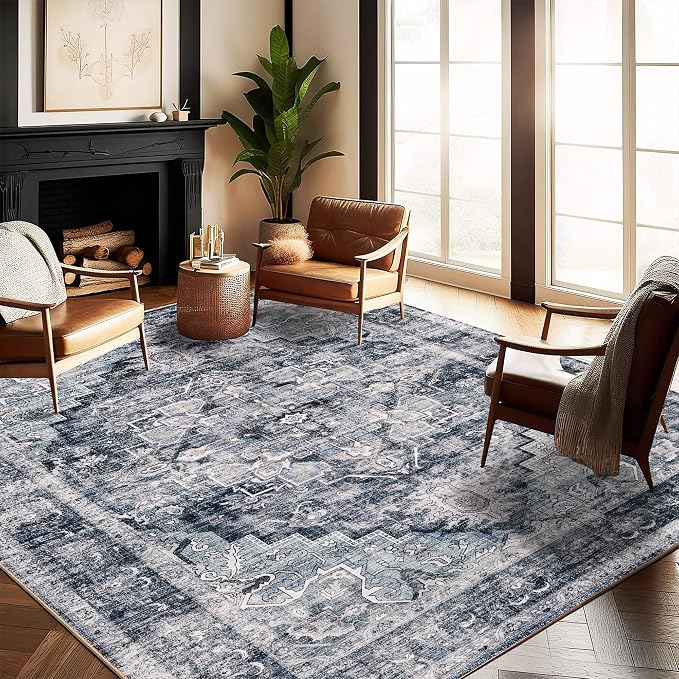 CHAMPLANT Washable Area Rug 9'x12' Dark Blue Retro Flowers Boho Design Non-Shedding Easy Care Ideal for High Traffic Areas in Living Room Bedroom Office Coffee Table Kitchen Large Carpet