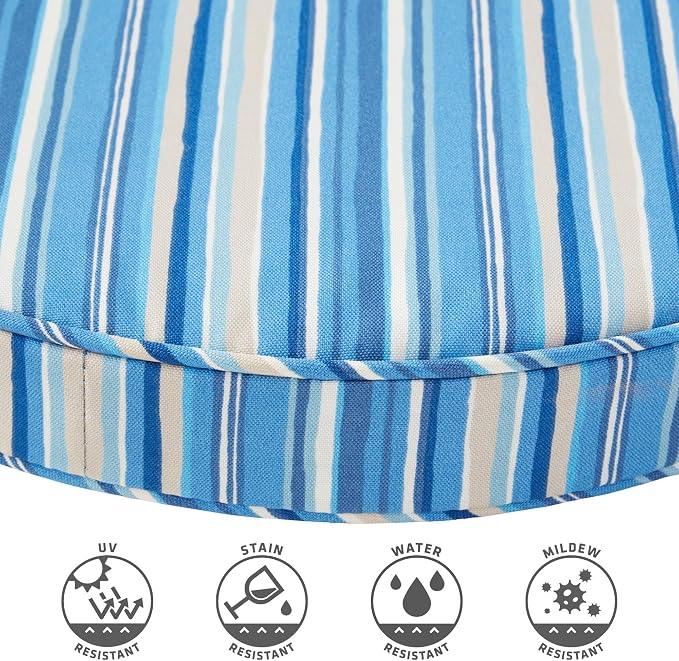 Set of 2 Outdoor 18 inch Round Patio Dining Chair Pads – Comfortable Fiber-Filled Seat Cushions with Ties, Reversible Polyester Fabric, Sapphire Stripe
