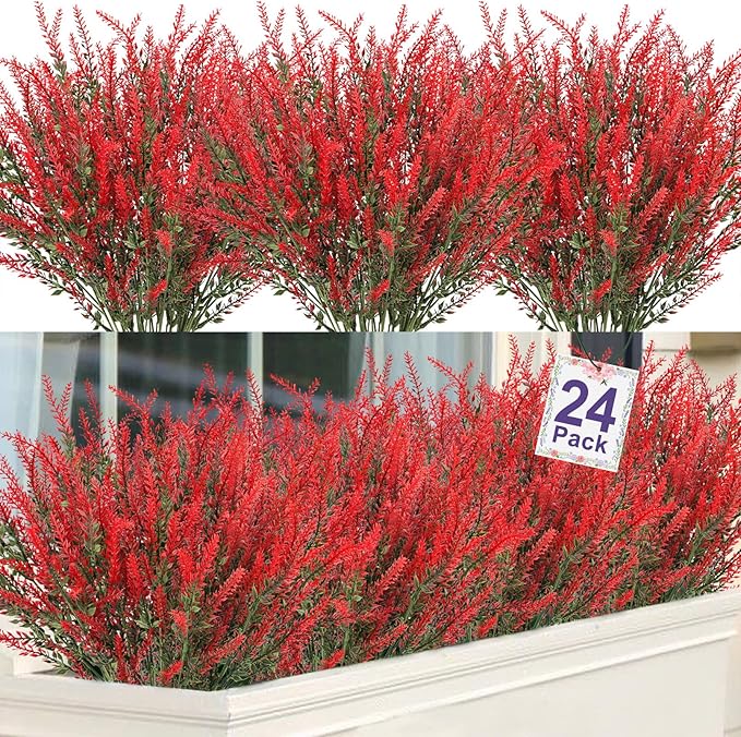 Ouddy Decor 24 Bundles Artificial Lavender Fake Flowers Faux Plastic Plants for Home Wedding Kitchen Garden Patio Window Box Office Table Centerpieces Indoor Outdoor Decor, Red