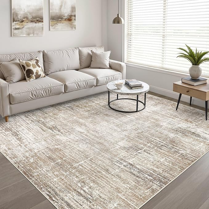 10x13 Area Rug Living Room: Washable Large Neutral Rug Abstract Soft Modern Stain Resistant Indoor Floor Non-Slip Carpet for Bedroom Nursery Kids Office Playroom Dining Room Under Table- Dark Brown