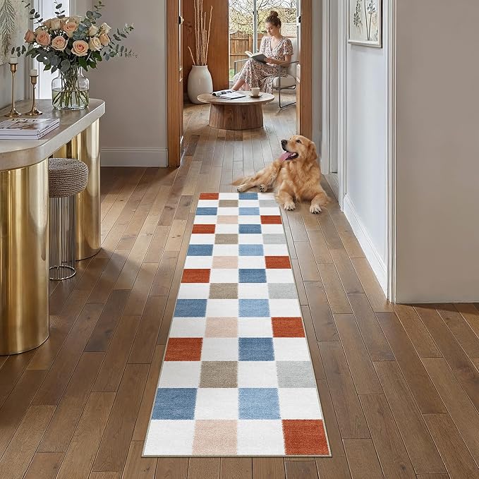 PureCozy Machine Washable 2x8 Runner Rug for Hallways Colorful Modern Soft Checkered Long Carpet Non-Slip Low Pile Indoor Accent Throw Rugs for Entrance Kitchen Bedroom Dining Laundry