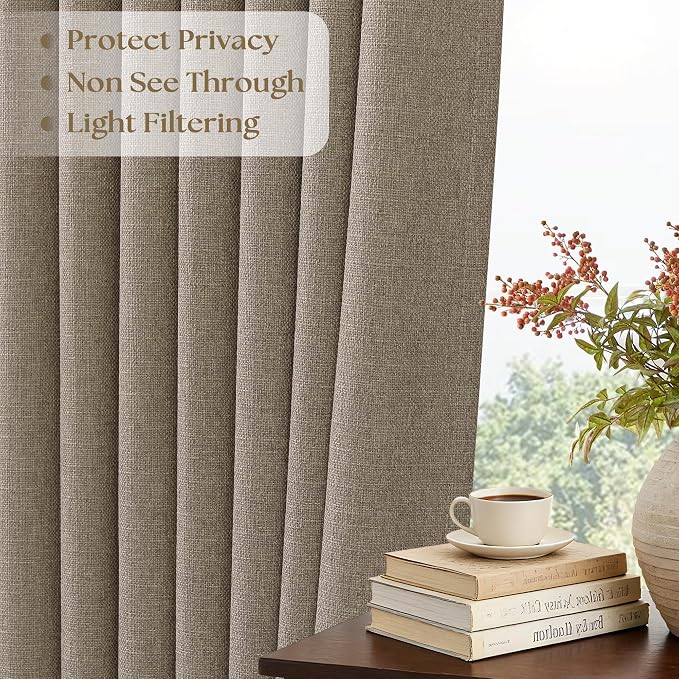 Dark Flax Curtains 108 Inches Long 2 Panels Set Pinch Pleated Linen Drapes for Living Room Bedroom Neutral Farmhouse Back Tab Pinch Pleat Light Filtering Brown Taupe Semi Sheer Curtains 40x108 Length