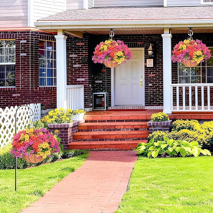 2 Set Artificial Hanging Flowers with Basket for Outdoor Spring Summer Decor - 24 Pcs Realistic UV-Resistant Silk Daisy Hanging Plants for Garden Porch Patio Balcony Yard Home Decoration