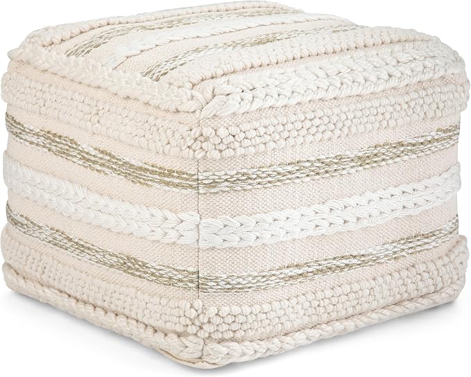 SIMPLIHOME Sommer Square Pouf - 18 inch Wide Upholstered Handloom Woven Cotton Ottoman in Natural/Cream, Boho-Style Footstool, Extra Seating or Accent Piece for Living Room or Bedroom, Assembled