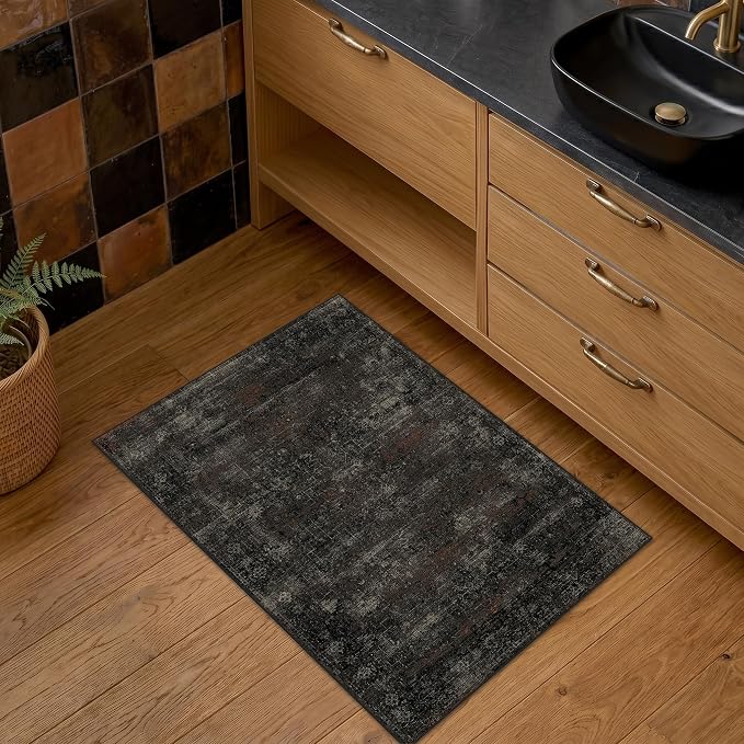 Black Washable 2x3 Rugs for Entryway, Non-Slip Low Pile Entry Rug, Stain Resistant Indoor Mat for Kitchen, Bathroom & Mudroom, Dark Farmhouse Volcanic Charcoal Design